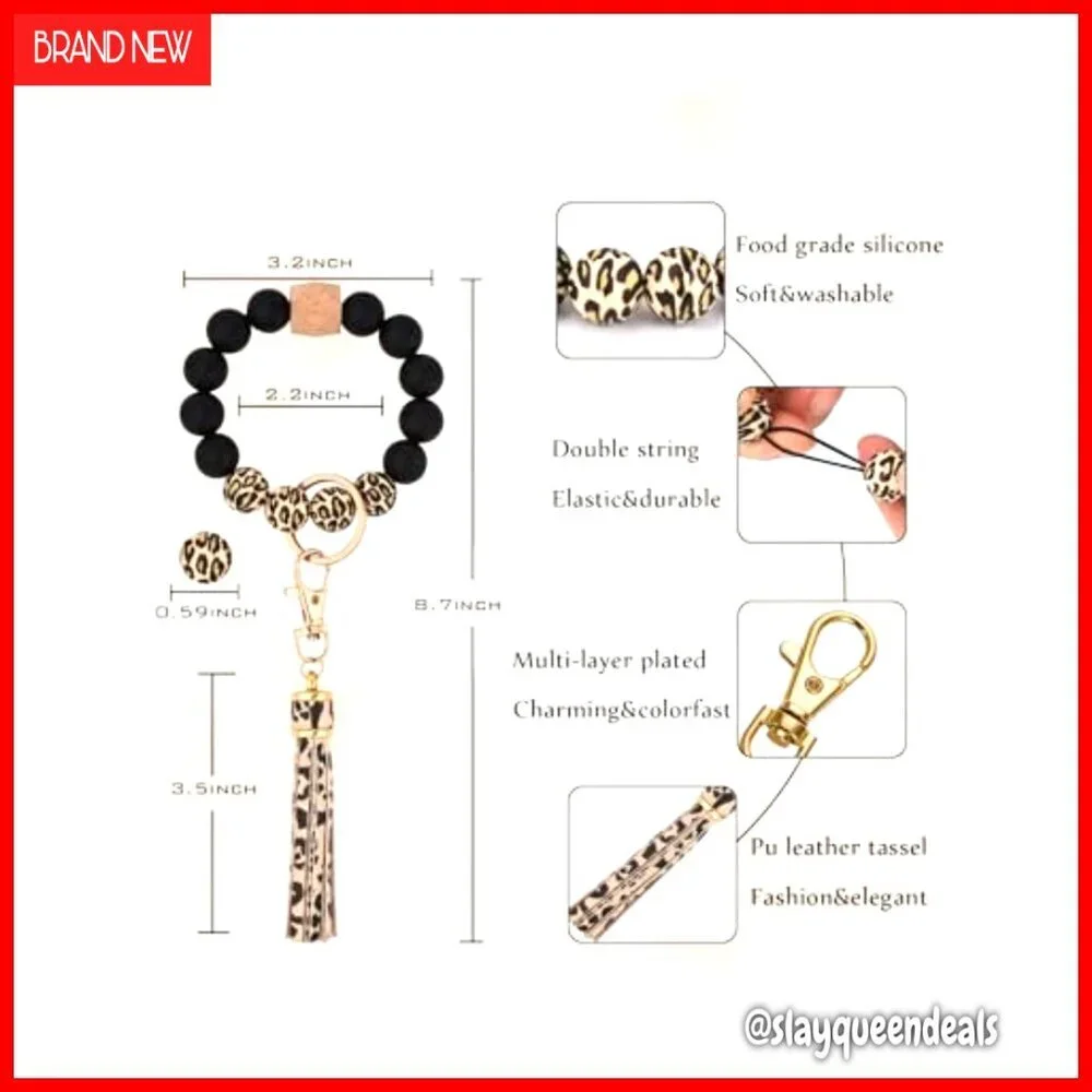 Silicone Beaded Bracelet Keychain with Leather Tassel - One Size Stretch Fit